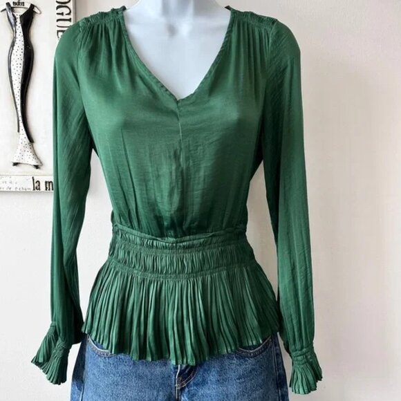 Philosophy Green Satin Pleated V-neck Peplum Top Blouse Size M - Picture 1 of 1